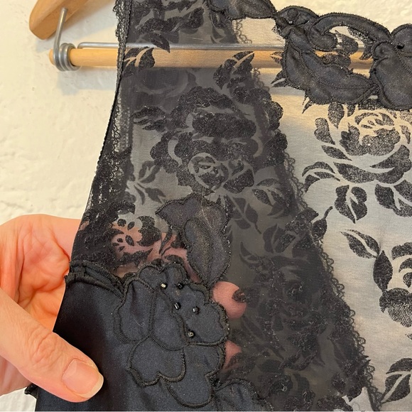 Vintage Slip Dress Black Satin Mesh Embroidered Goth Gothic Whimsigoth Small S - Picture 10 of 14